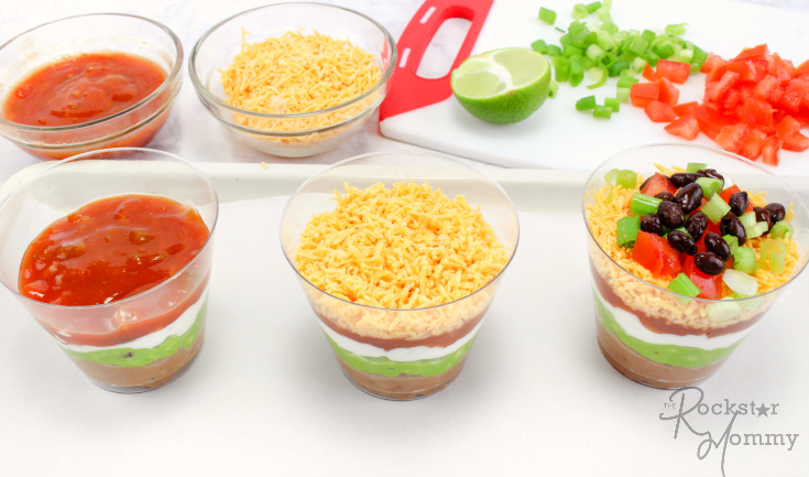 Mexican Bean Dip Cups - Salsa, cheese and topping in cups
