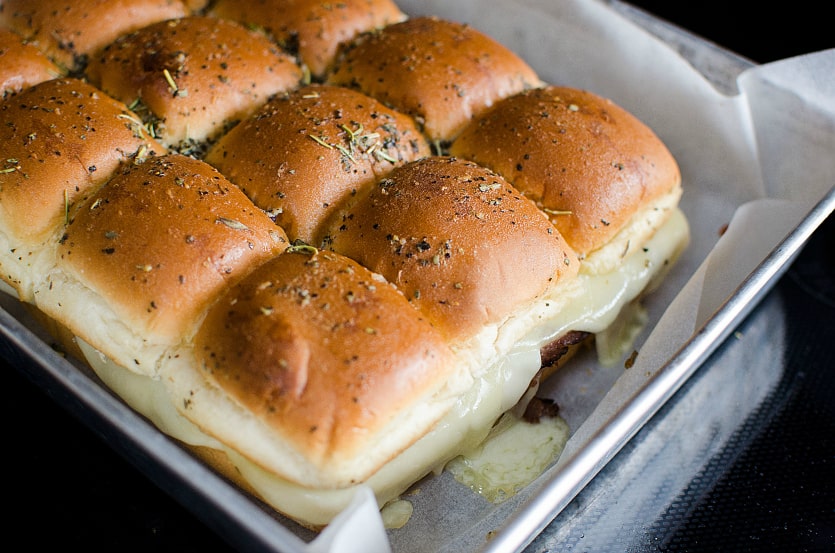 Easy Roast Beef Sliders - Baked slider in baking sheet