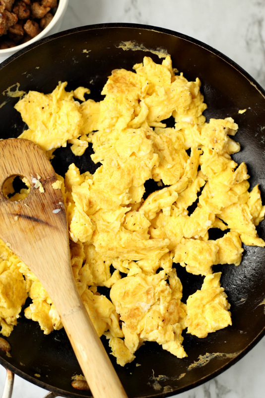 Homemade Breakfast Hot Pockets - Scrambling eggs in skillet