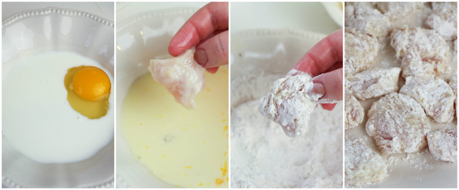 How To Make Copycat Chik Fil A Nuggets - chicken pieces being dipped in egg wash and flour mixture