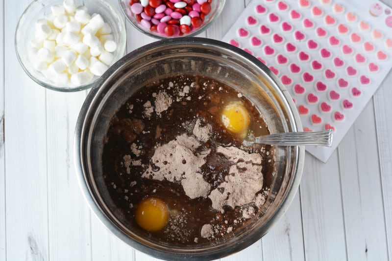 Valentines Day Brownie Pizza - brownie mix, eggs, ad water in a large mixing bowl