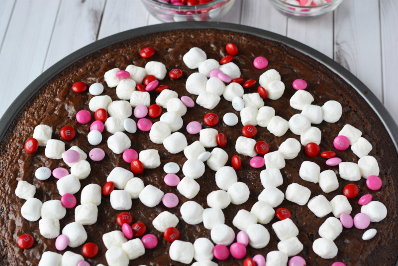 Valentines Day Brownie Pizza - marshmallows and candies added to the top of the brownie pizza