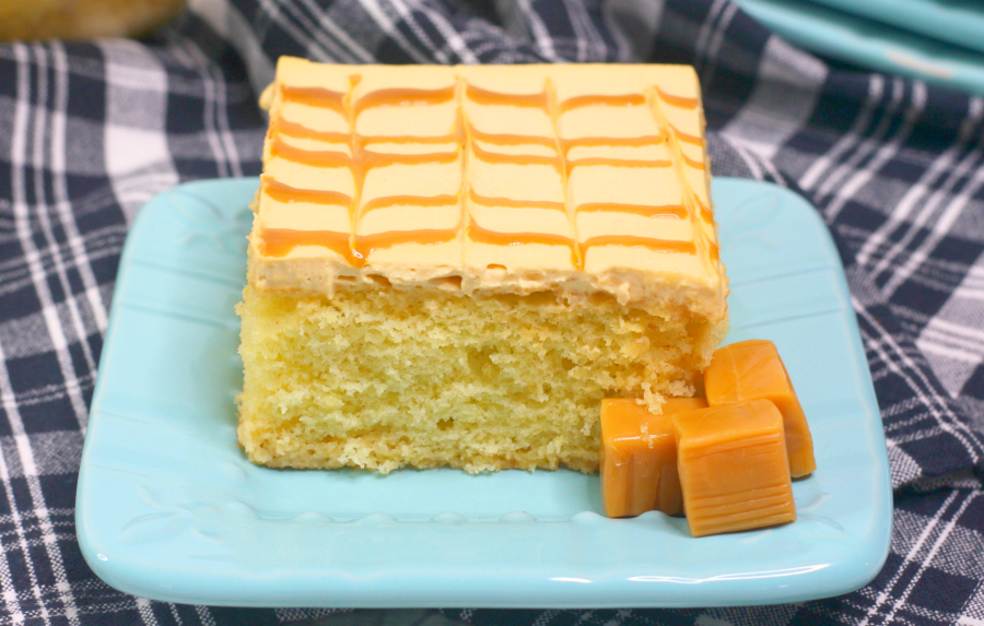 Caramel Tres Leches Cake - slice of cake served on a light blue plate