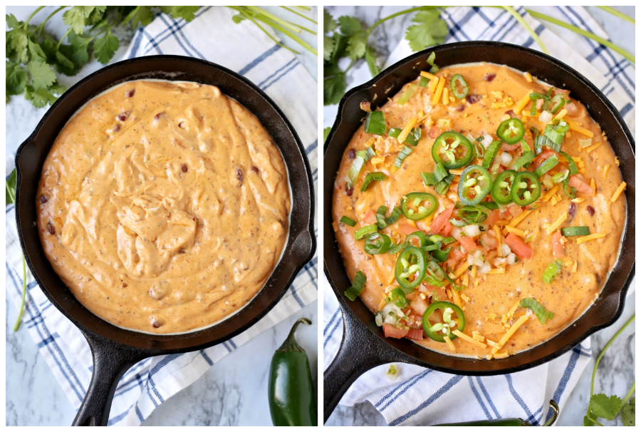 Oven or Crockpot Chili Cheese Dip Recipe - cooked dip in cast iron skillet and topped with pico and jalapenos