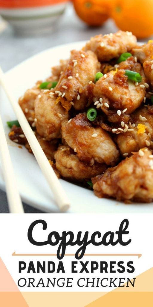 Copycat Panda Express Orange Chicken Recipe - image showing recipe served on a white plate with chop sticks