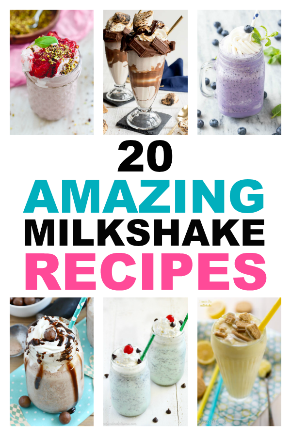 Collage picture of 6 different milkshake with title of post in the middle