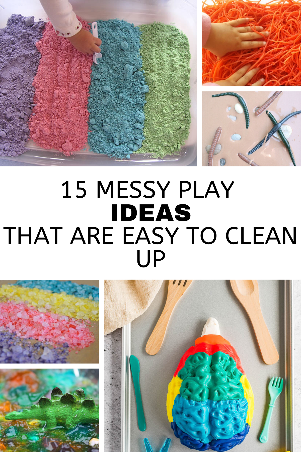 Collage images showing 6 different messy play activities