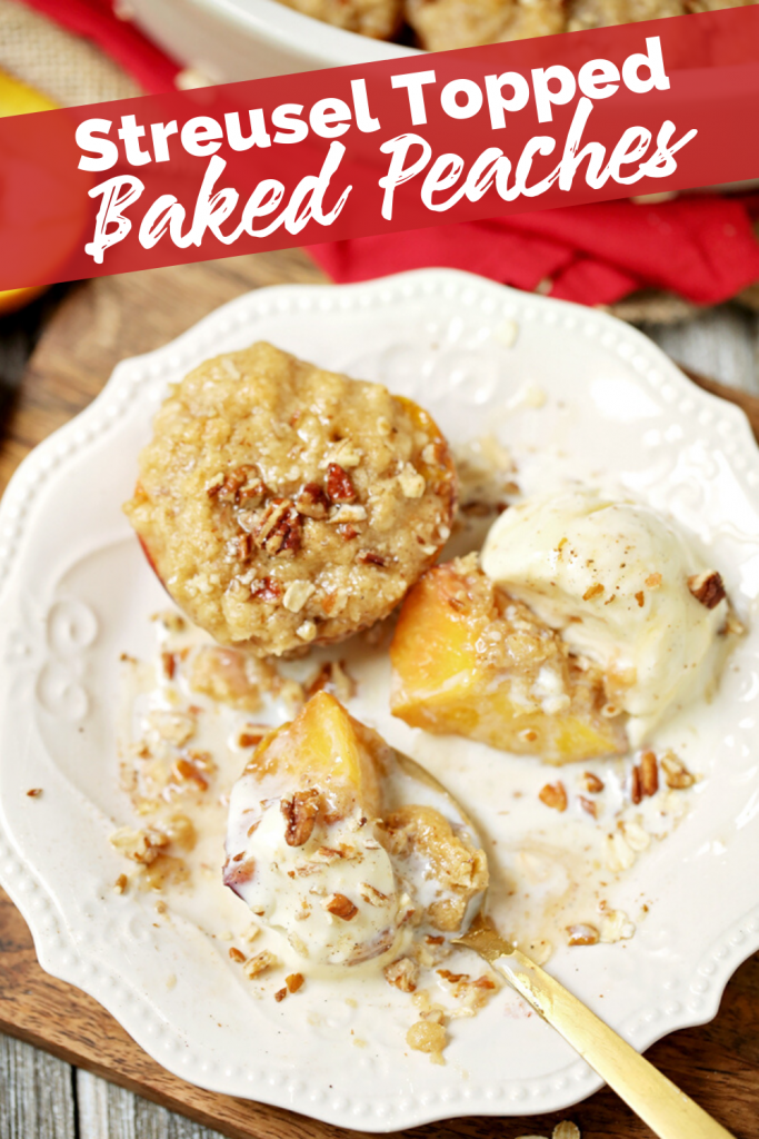 Top down image of Streusel Topped Baked Peaches recipe , served on a plate from The Rockstar Mommy