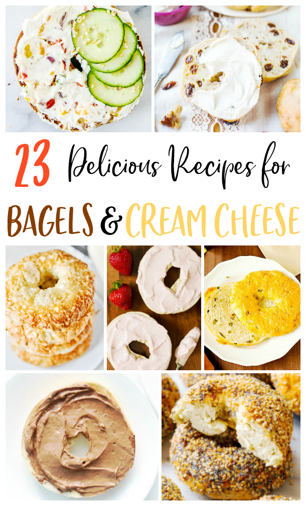 collage image of 7 different bagels and cream cheeses