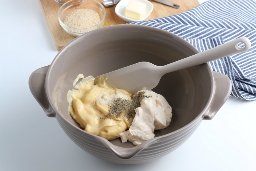soup, mayonnaise, onion powder and black pepper in a mixing bowl