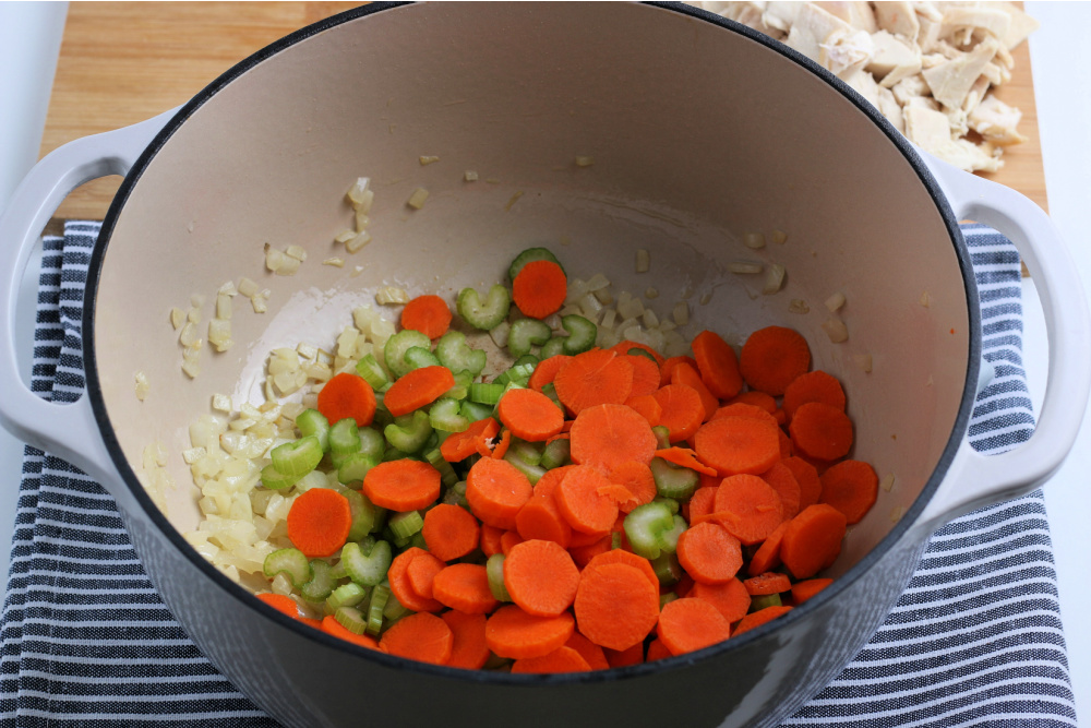 diced onions, chopped carrots and celery in a soup pot
