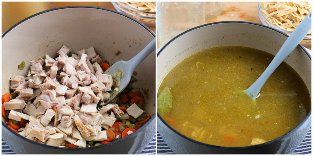 two images showing turkey and stock being added to large soup pot
