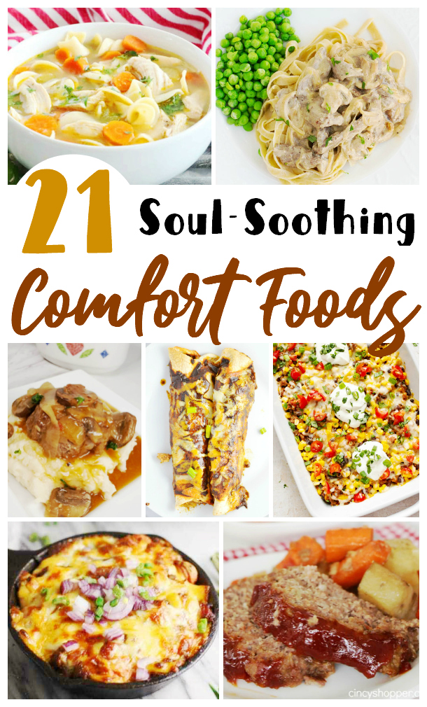 Collage image showing 7 different comfort food recipes.