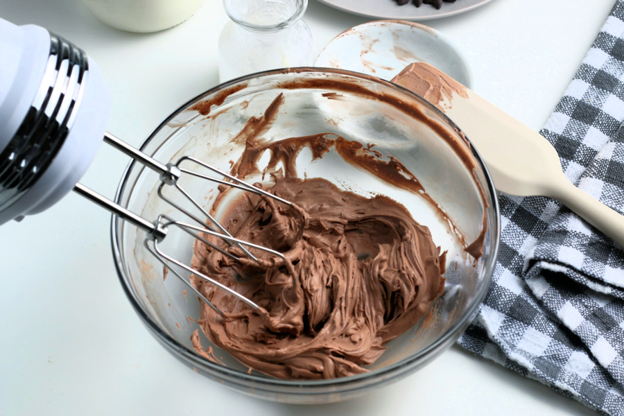 mixing together hot chocolate mixture with hand mixer