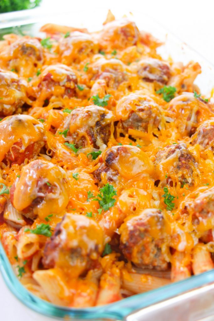 cooked baked meatball casserole in a baking dish