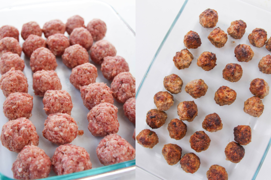 2 images showing uncooked and then cooked meatballs in a baking dish