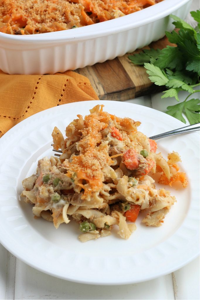 serving of classic tuna noodle casserole on a white plate