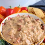 Crockpot Cheesy Rotel Dip in a bowl surrounded by chips and vegetables