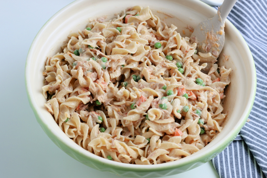 noodles mixed into tuna mixture
