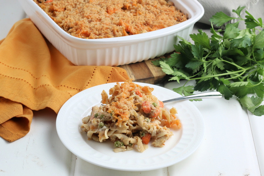 serving of classic tuna noodle casserole on a white plate
