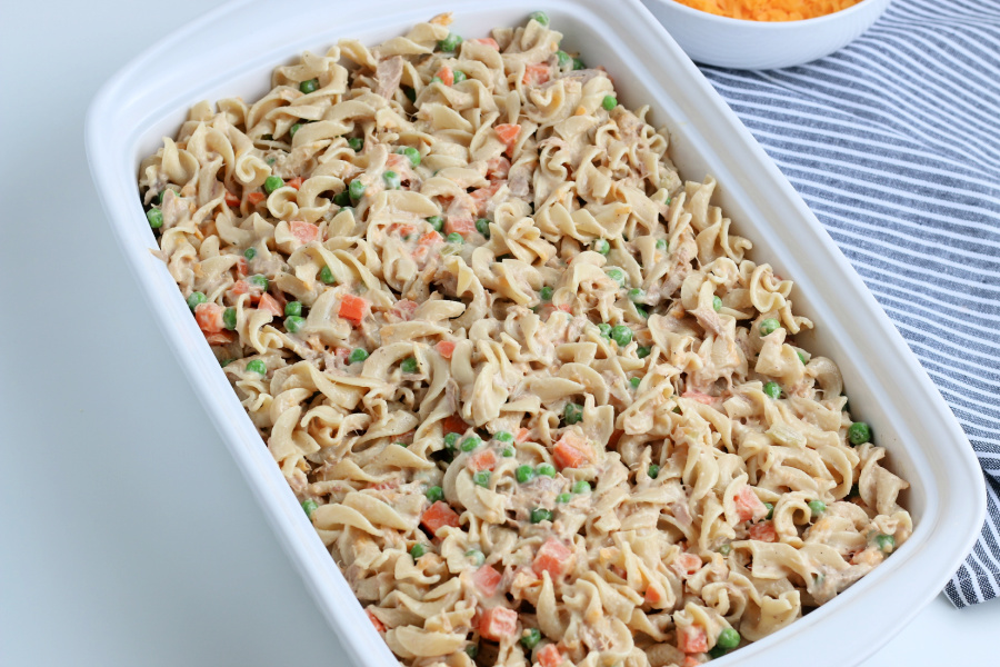 noodle and tuna mixture in a baking dish