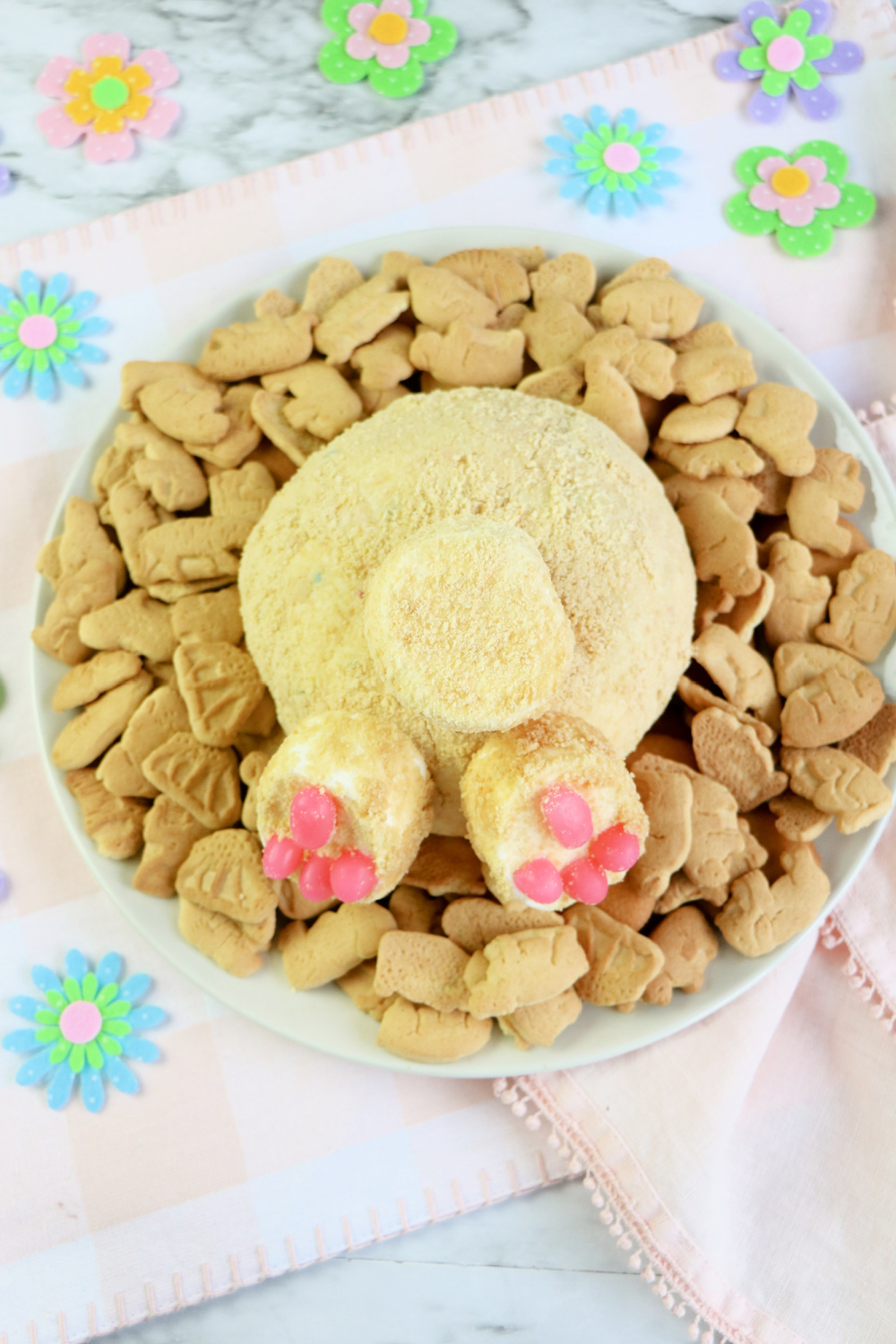 Bunny Butt Funfetti shaped Cheese Ball on a plate with small cookies