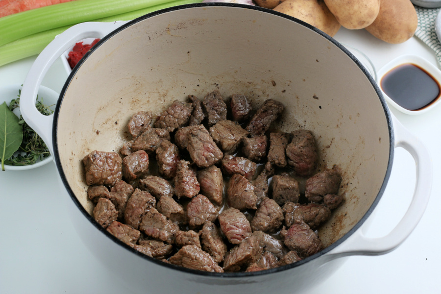 cooked beef in a cooking pot