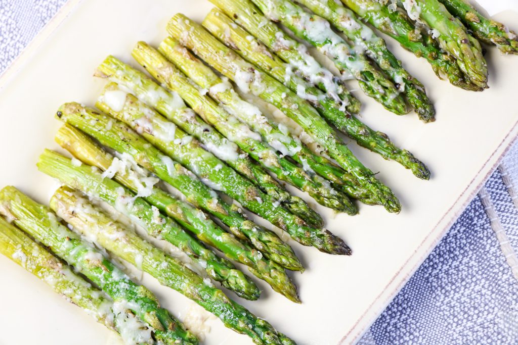 roasted asparagus on a platter