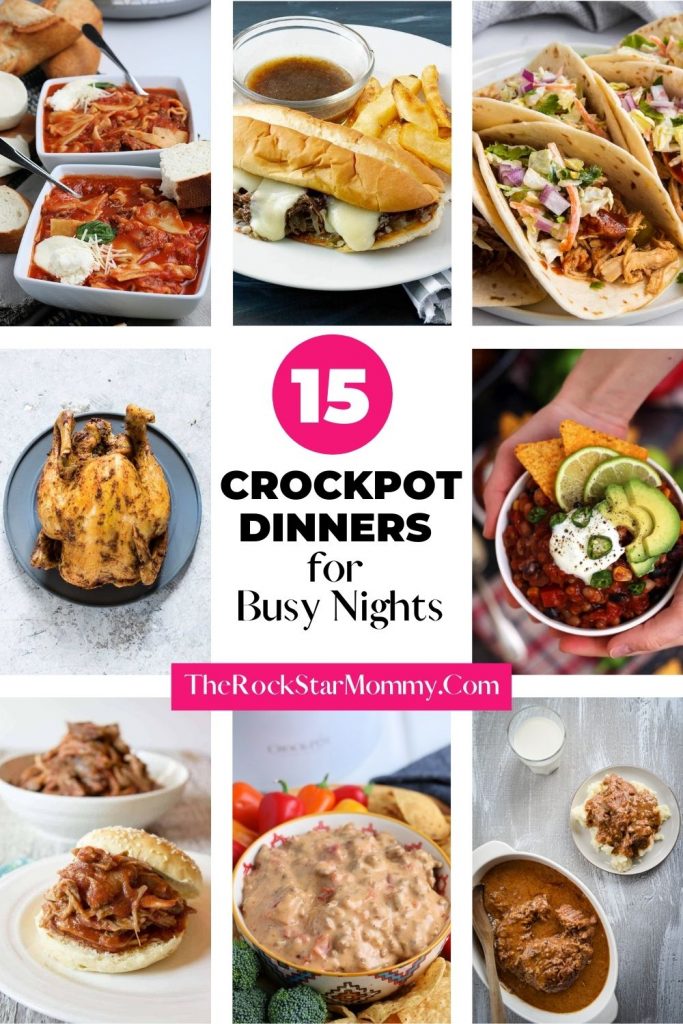 collage image of 8 different crockpot recipes with the title 15 Crockpot Dinners for Busy Nights