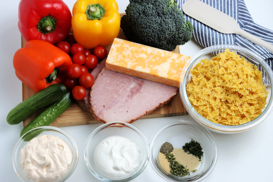 ingredients for summer bowtie pasta salad