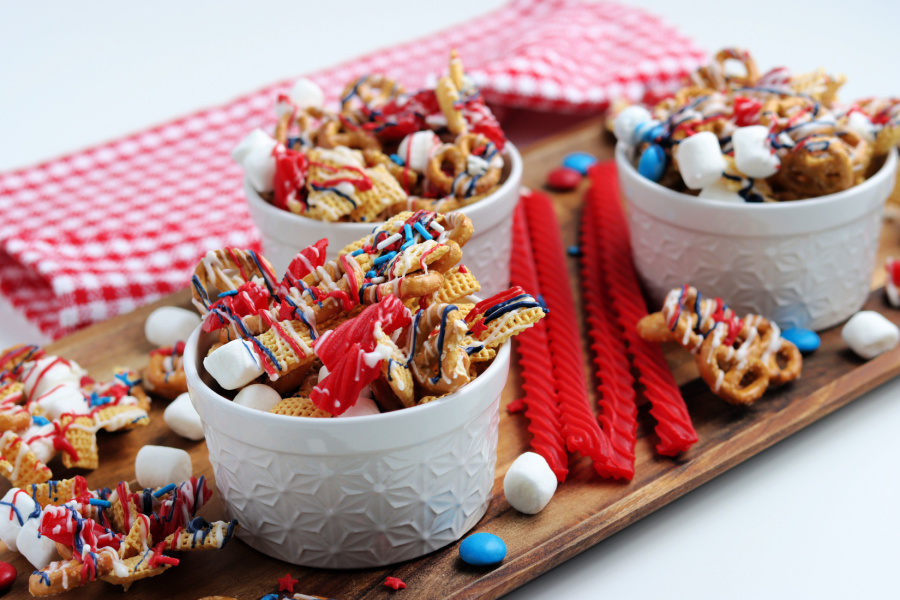 4th of july snack mix in mall serving bowls