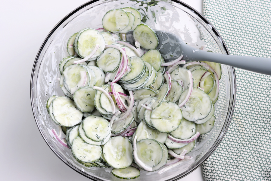 creamy cucumber in a mixing bowl