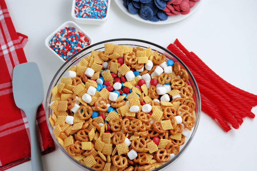 cereal, pretzels, marshmallows, and candies in a bowl 