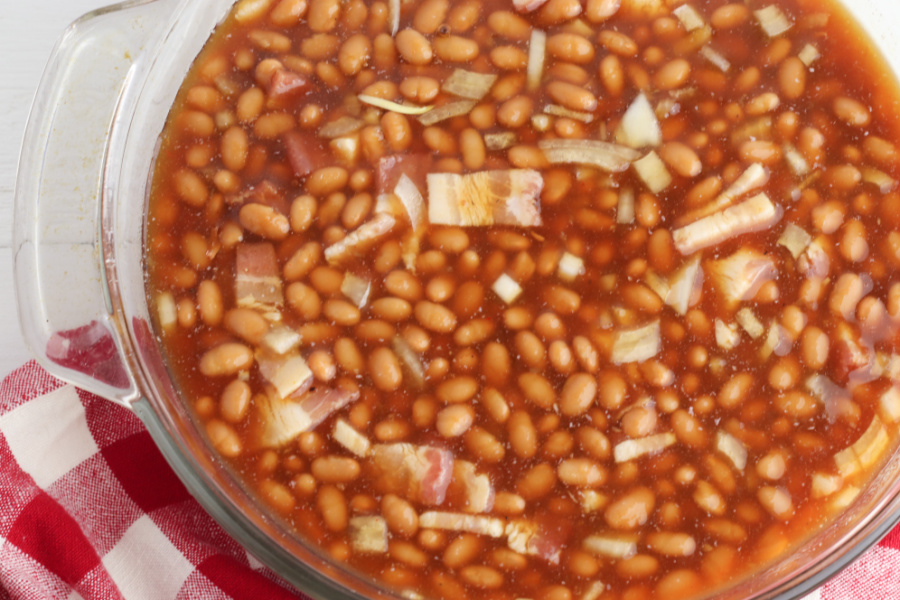 baked beans in a glass baking dish