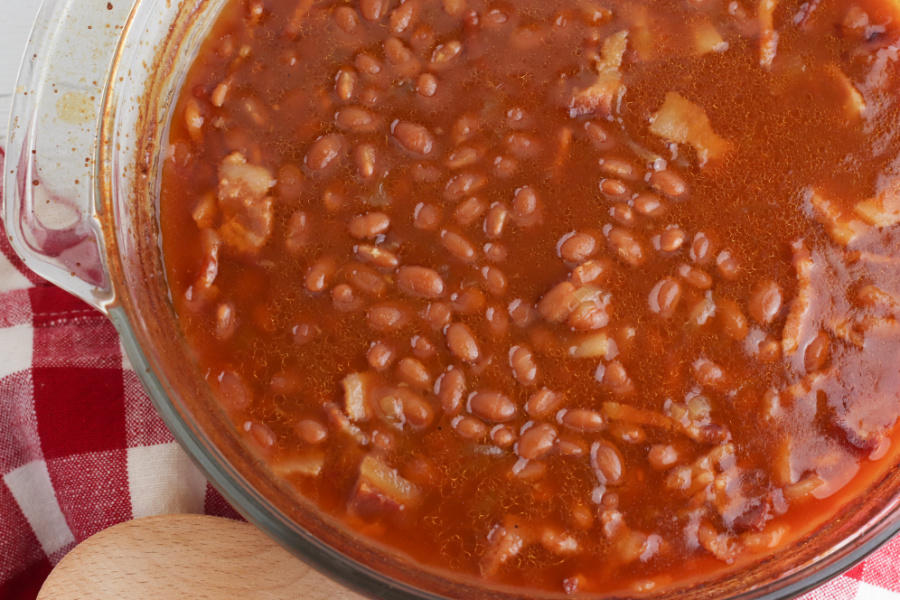 cooked baked beans in baking dish