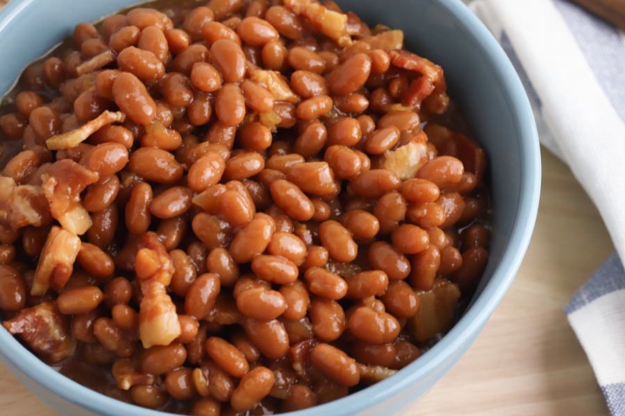 Brown sugar baked beans in a bowl