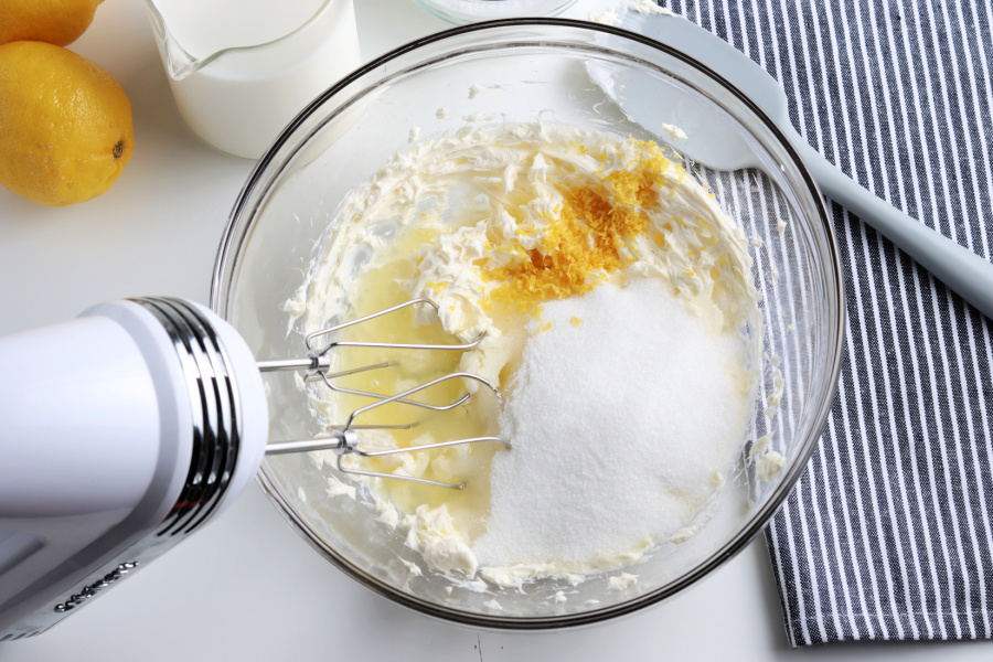 cream cheese, zest, lemon juice and sugar in a mixing bowl