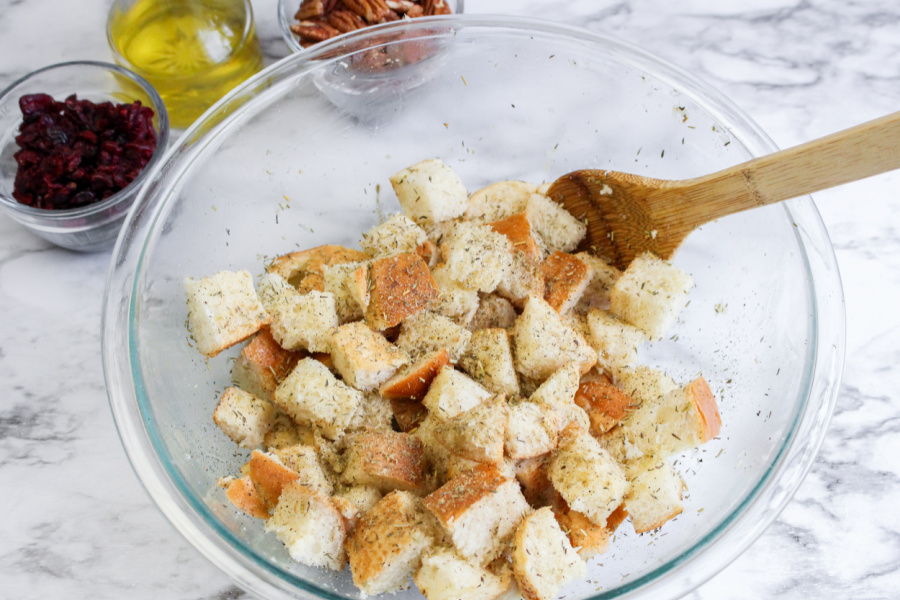 bread cubes in mixing bowl