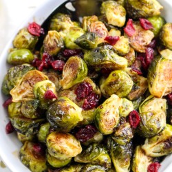 Balsamic Brussel Sprouts and Cranberries in a serving bowl