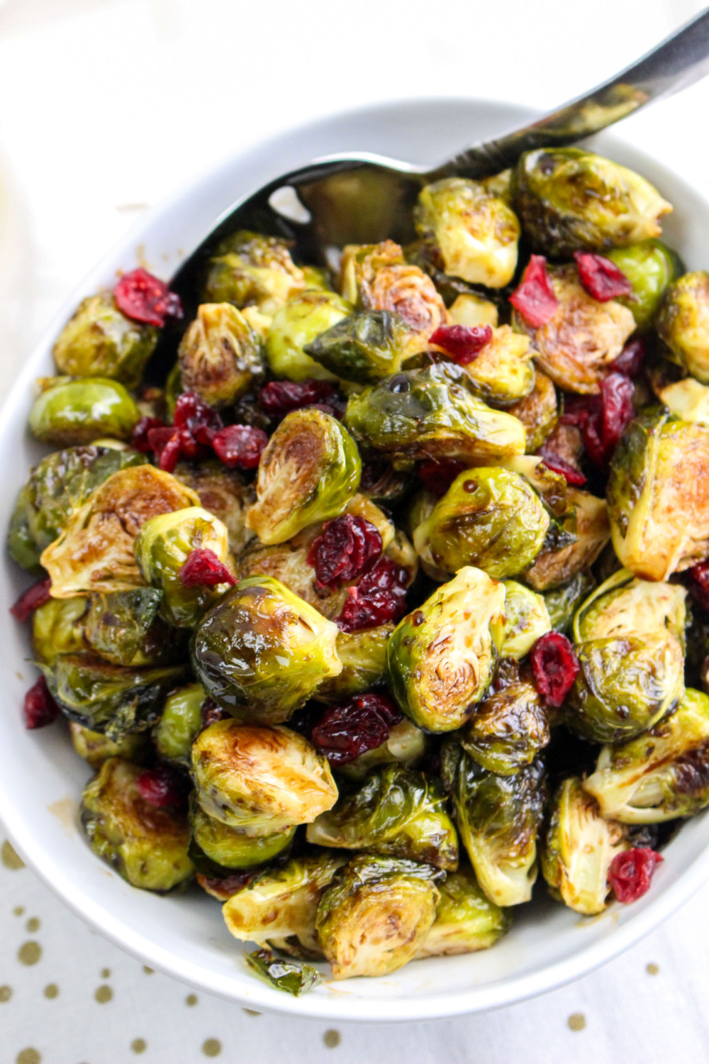 Balsamic Brussel Sprouts and Cranberries in a serving bowl