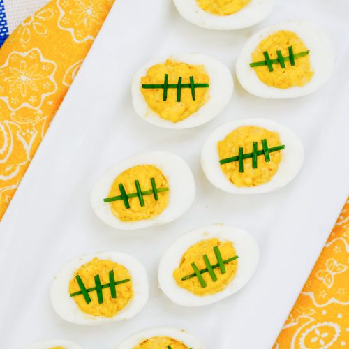 Football Deviled Eggs on a platter