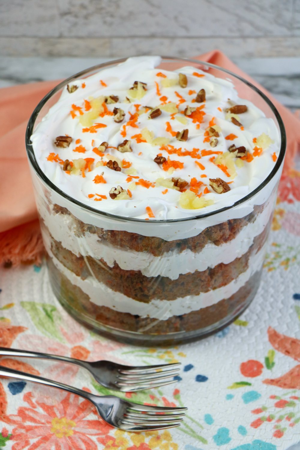 Carrot Cake Trifle in glass serving bowl