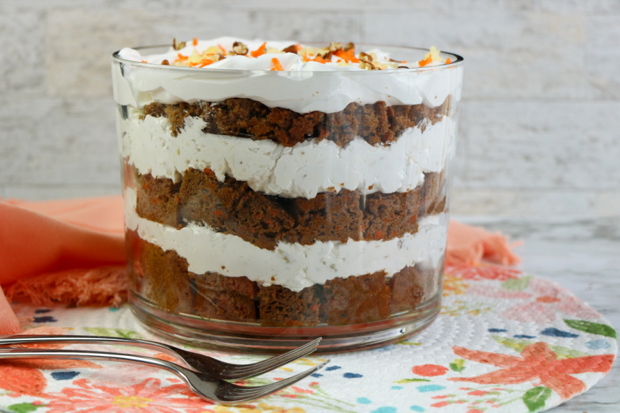 Carrot Cake Trifle in glass serving bowl