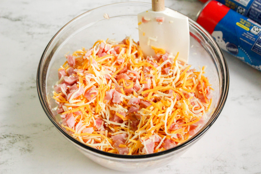ham and cheese in a mixing bowl