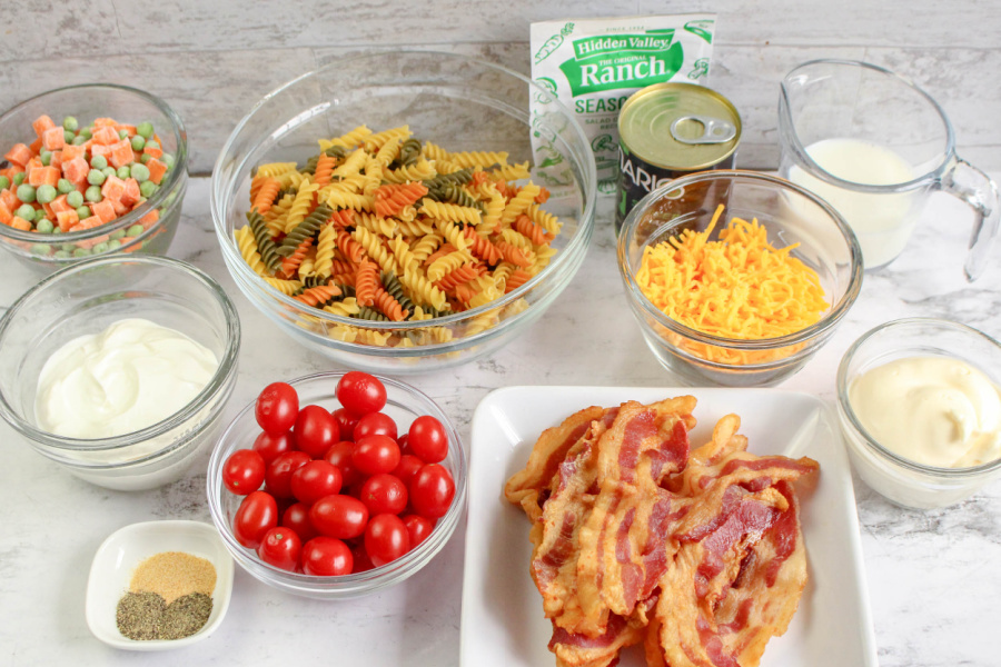 ingredients for creamy bacon pasta salad