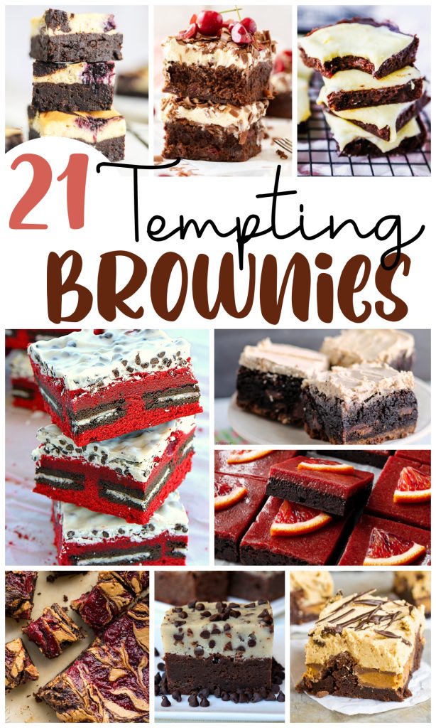 21 tempting brownies collage with 8 images of brownies
