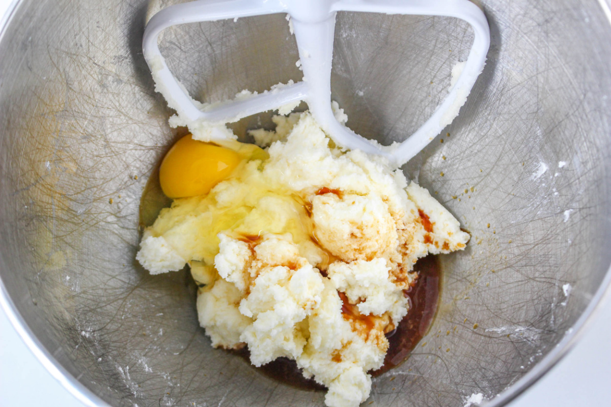 egg and vanilla extract added to butter sugar mixture
