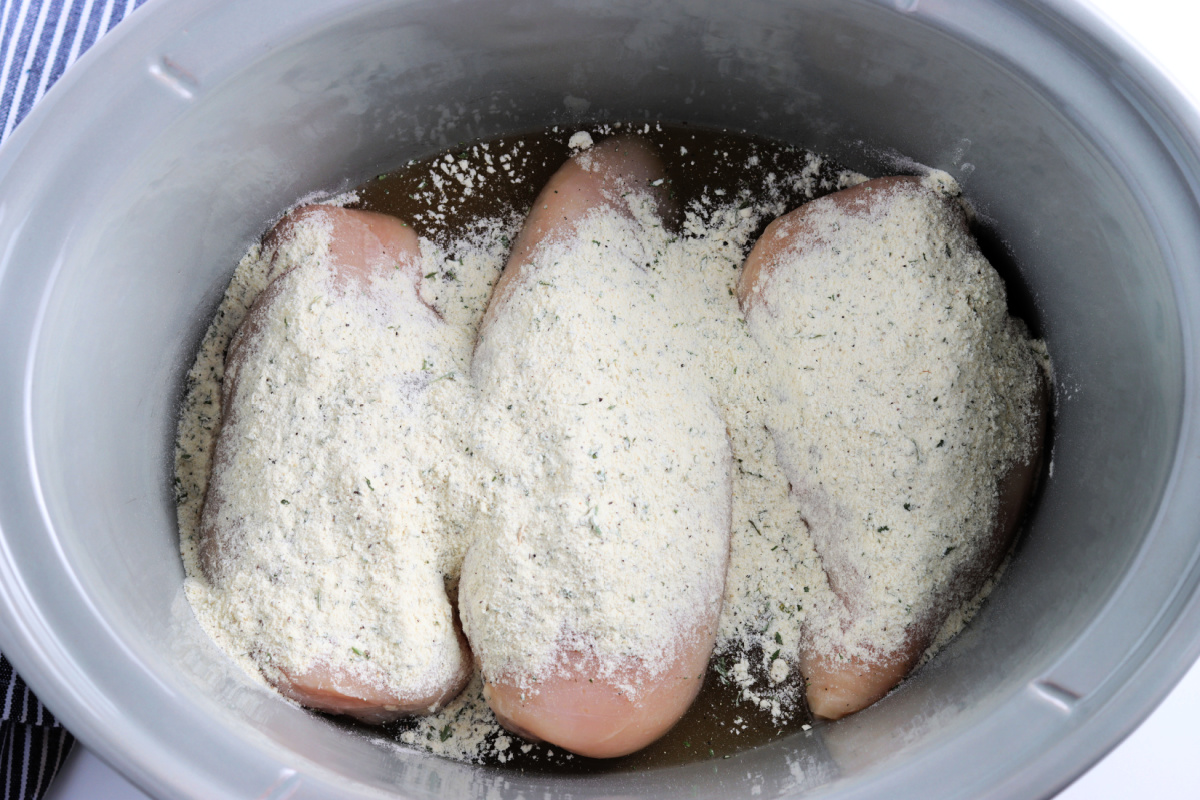 chicken, broth and ranch seasoning in slow cooker