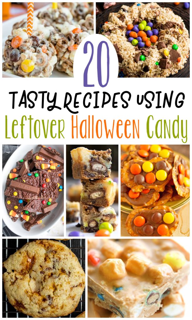 collage image of 7 different Recipes for Leftover Halloween Candy
