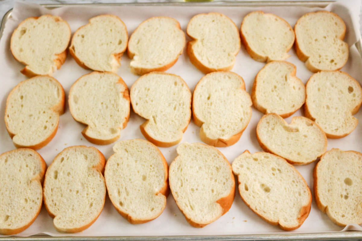 bread slices on baking sheet